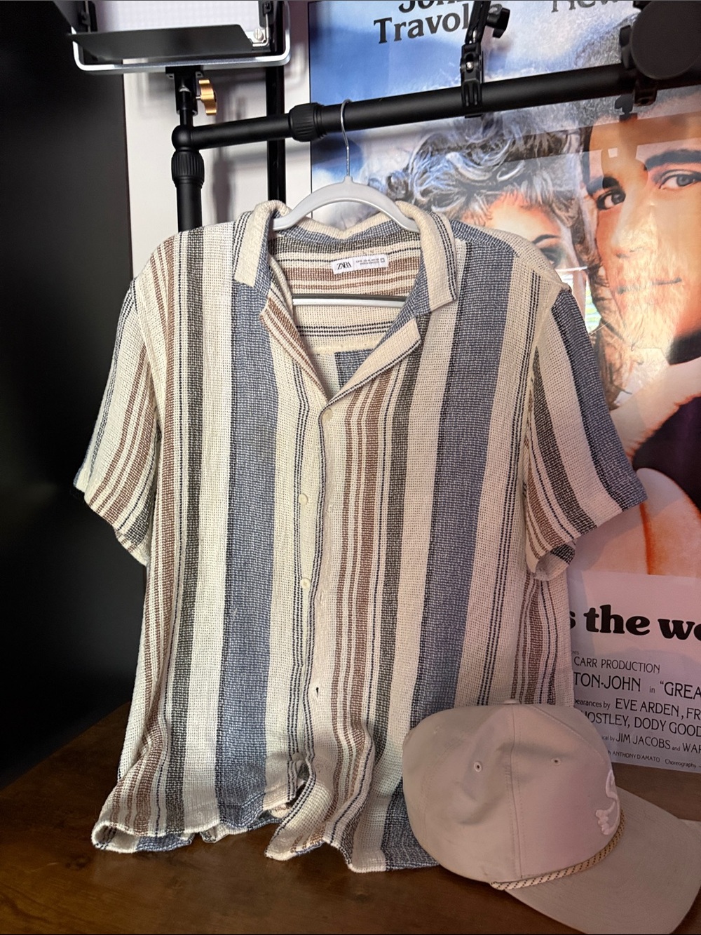 Zara Men Short-Sleeve Striped Button-Down Shirt - Beige, Blue & Brown